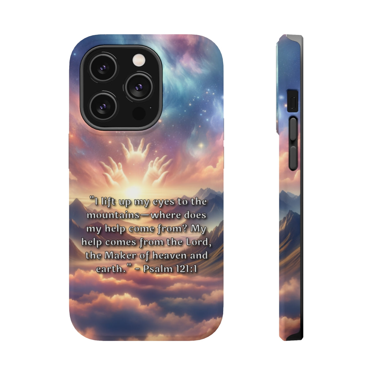 DistinctInk Tough Case for Apple iPhone, Compatible with MagSafe Charging - Psalm 121:1 - Seeking Divine Assistance in the Mountains