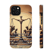 DistinctInk Tough Case for Apple iPhone, Compatible with MagSafe Charging - "1 Corinthians 1:27 - God's Surprising Choice of Foolishness"