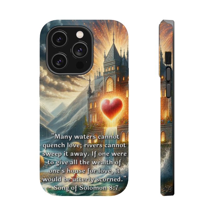 DistinctInk Tough Case for Apple iPhone, Compatible with MagSafe Charging - Unquenchable Love: Song of Solomon 8:7 in Summary