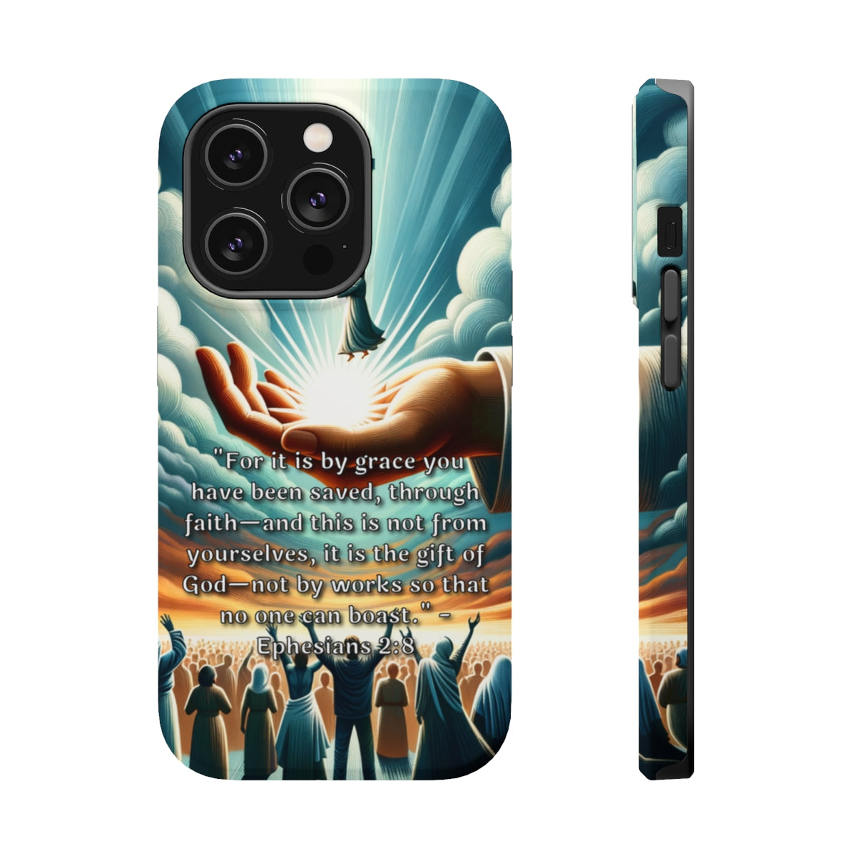DistinctInk Tough Case for Apple iPhone, Compatible with MagSafe Charging - Ephesians 2:8 - Saved by Grace, Not Works