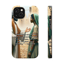 DistinctInk Tough Case for Apple iPhone, Compatible with MagSafe Charging - "Jesus' Healing Touch: Luke 13:12 - Woman Set Free"
