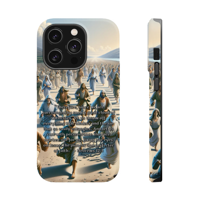 DistinctInk Tough Case for Apple iPhone, Compatible with MagSafe Charging - Hebrews 12:1 - Running with Perseverance towards Jesus