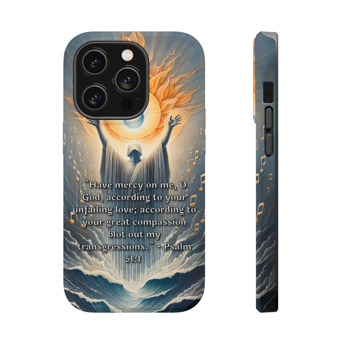 DistinctInk Tough Case for Apple iPhone, Compatible with MagSafe Charging - Psalm 51:1 - Divine Mercy: Erasing Transgressions with Love