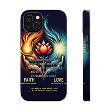 DistinctInk Tough Case for Apple iPhone, Compatible with MagSafe Charging - The Greatest of These: 1 Corinthians 13:13 Faith, Hope, Love