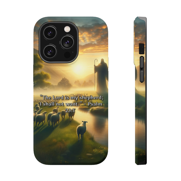 DistinctInk Tough Case for Apple iPhone, Compatible with MagSafe Charging - Psalm 23:1 - The Lord, My Shepherd, Empowers Me