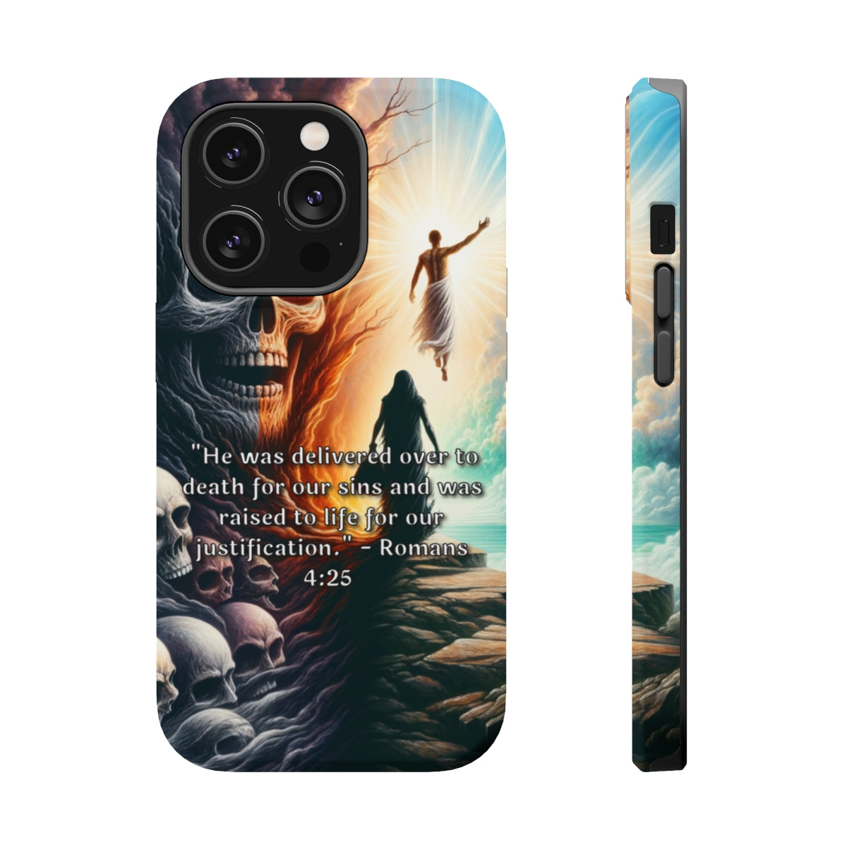 DistinctInk Tough Case for Apple iPhone, Compatible with MagSafe Charging - Delivered for Our Sins: Romans 4:25 Explanation