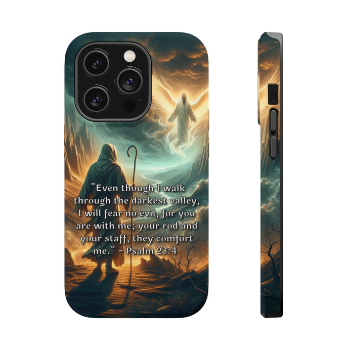 DistinctInk Tough Case for Apple iPhone, Compatible with MagSafe Charging - Psalm 23:4 - Finding Comfort in the Darkest Valley