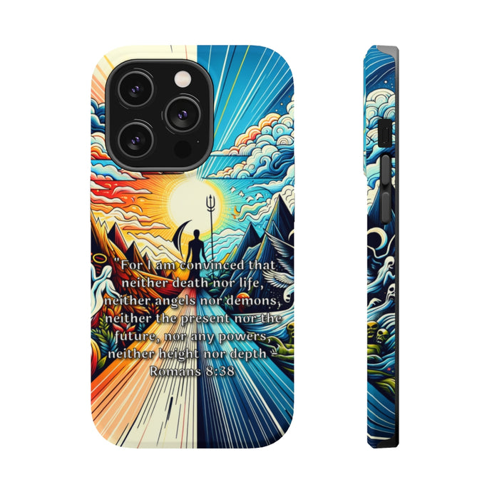 DistinctInk Tough Case for Apple iPhone, Compatible with MagSafe Charging - Convinced: Defying Death and Embracing the Divine - Romans 8:38