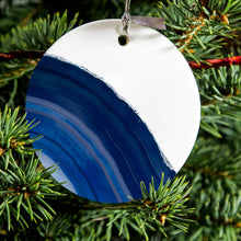 DistinctInk® Hanging Ceramic Christmas Tree Ornament with Gold String - Great Gift / Present - 2 3/4 inch Diameter - Dark Blue Agate Crystal Geode