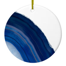 DistinctInk® Hanging Ceramic Christmas Tree Ornament with Gold String - Great Gift / Present - 2 3/4 inch Diameter - Dark Blue Agate Crystal Geode