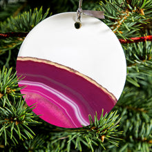 DistinctInk® Hanging Ceramic Christmas Tree Ornament with Gold String - Great Gift / Present - 2 3/4 inch Diameter - Hot Pink Agate Crystal Geode