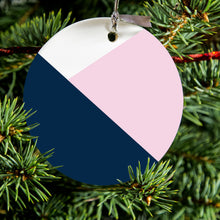 DistinctInk® Hanging Ceramic Christmas Tree Ornament with Gold String - Great Gift / Present - 2 3/4 inch Diameter - Color Block - Navy & Pink