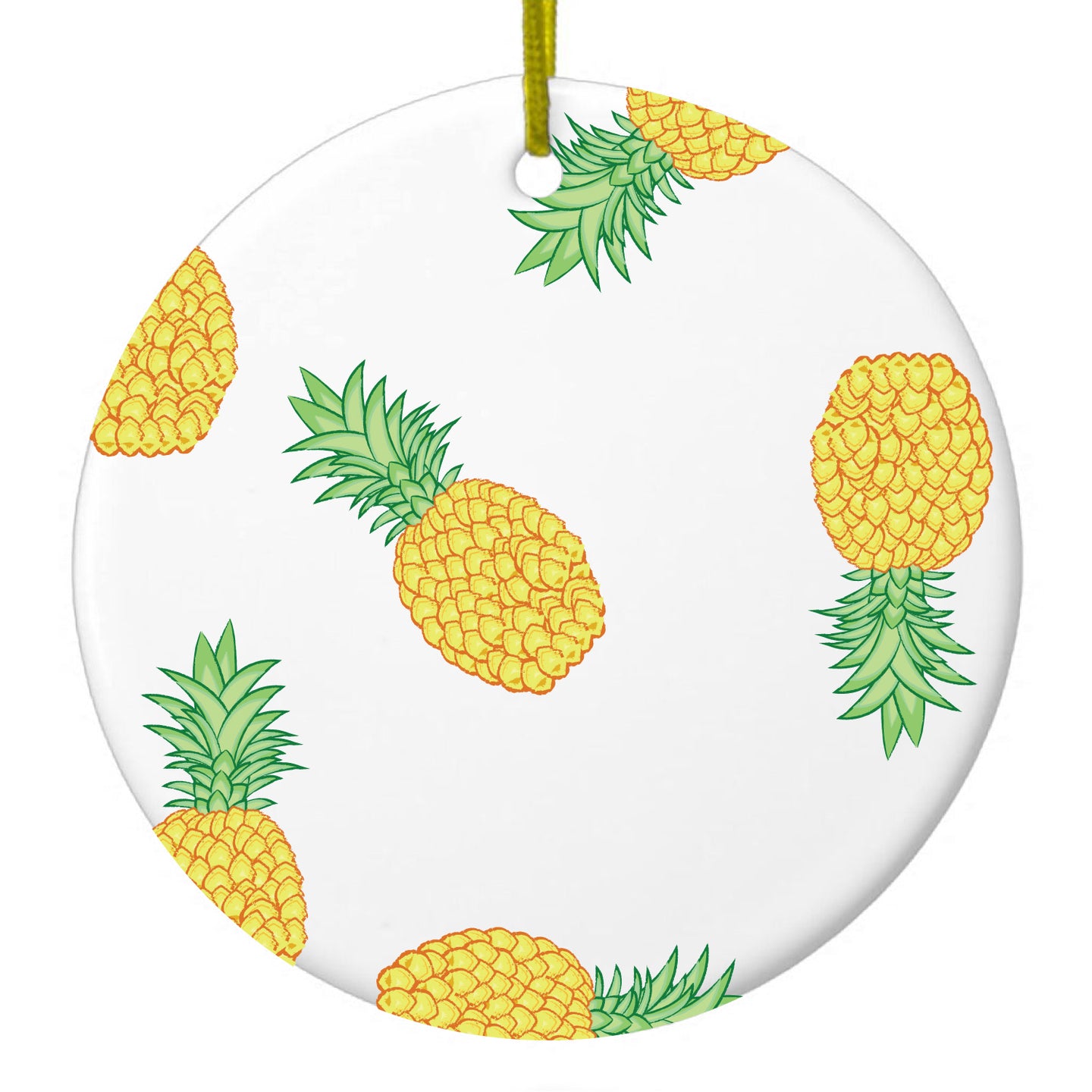 DistinctInk® Hanging Ceramic Christmas Tree Ornament with Gold String - Great Gift / Present - 2 3/4 inch Diameter - Repeating Pineapple Pattern