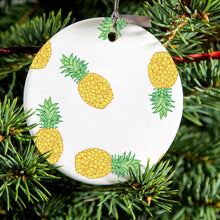 DistinctInk® Hanging Ceramic Christmas Tree Ornament with Gold String - Great Gift / Present - 2 3/4 inch Diameter - Repeating Pineapple Pattern
