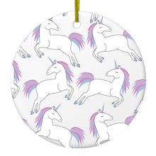 DistinctInk® Hanging Ceramic Christmas Tree Ornament with Gold String - Great Gift / Present - 2 3/4 inch Diameter - Repeating Pastel Unicorns
