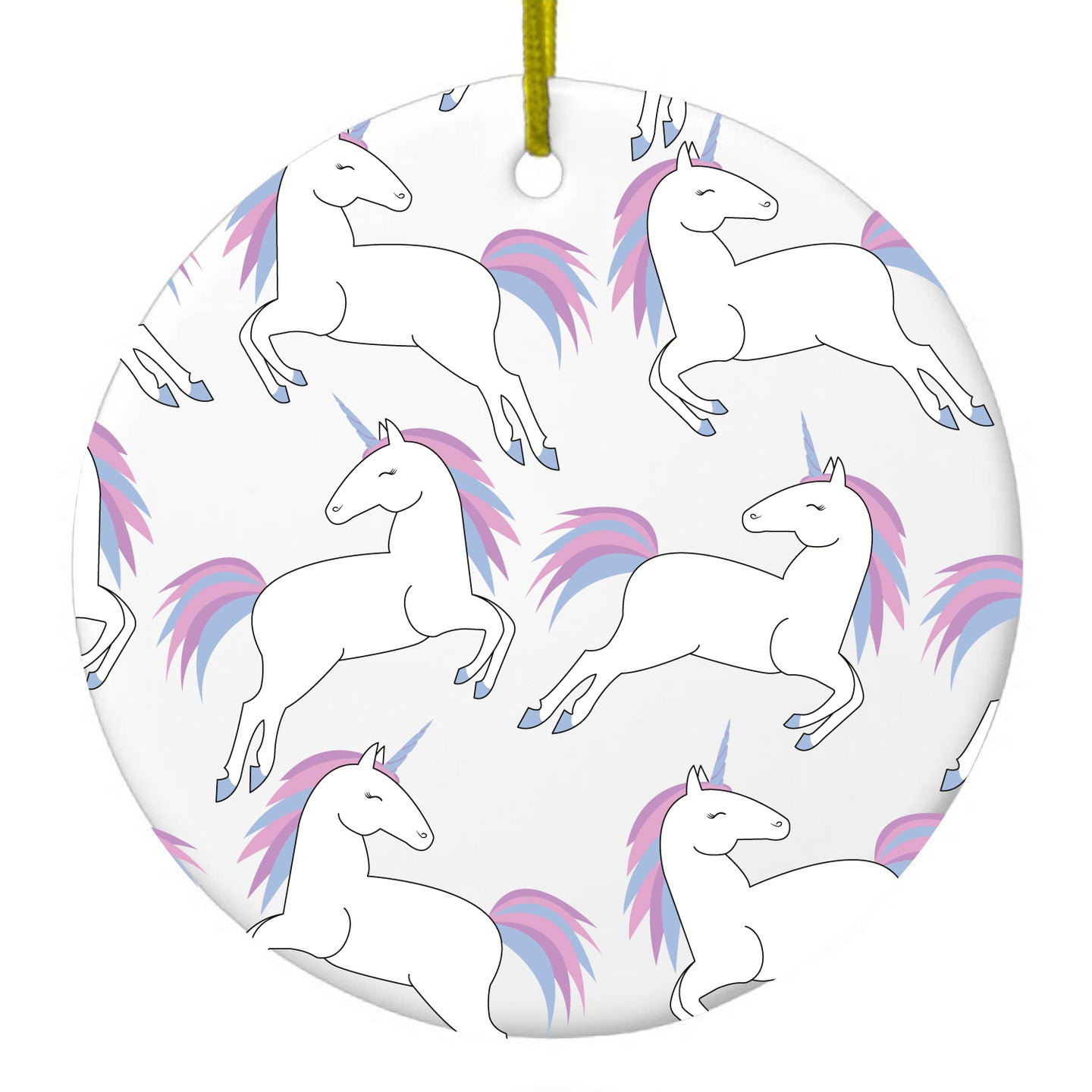 DistinctInk® Hanging Ceramic Christmas Tree Ornament with Gold String - Great Gift / Present - 2 3/4 inch Diameter - Repeating Pastel Unicorns