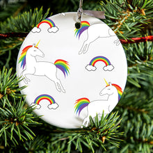 DistinctInk® Hanging Ceramic Christmas Tree Ornament with Gold String - Great Gift / Present - 2 3/4 inch Diameter - Rainbows & Unicorns