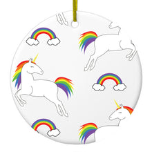 DistinctInk® Hanging Ceramic Christmas Tree Ornament with Gold String - Great Gift / Present - 2 3/4 inch Diameter - Rainbows & Unicorns
