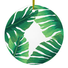 DistinctInk® Hanging Ceramic Christmas Tree Ornament with Gold String - Great Gift / Present - 2 3/4 inch Diameter - Tropical Banana Leaves