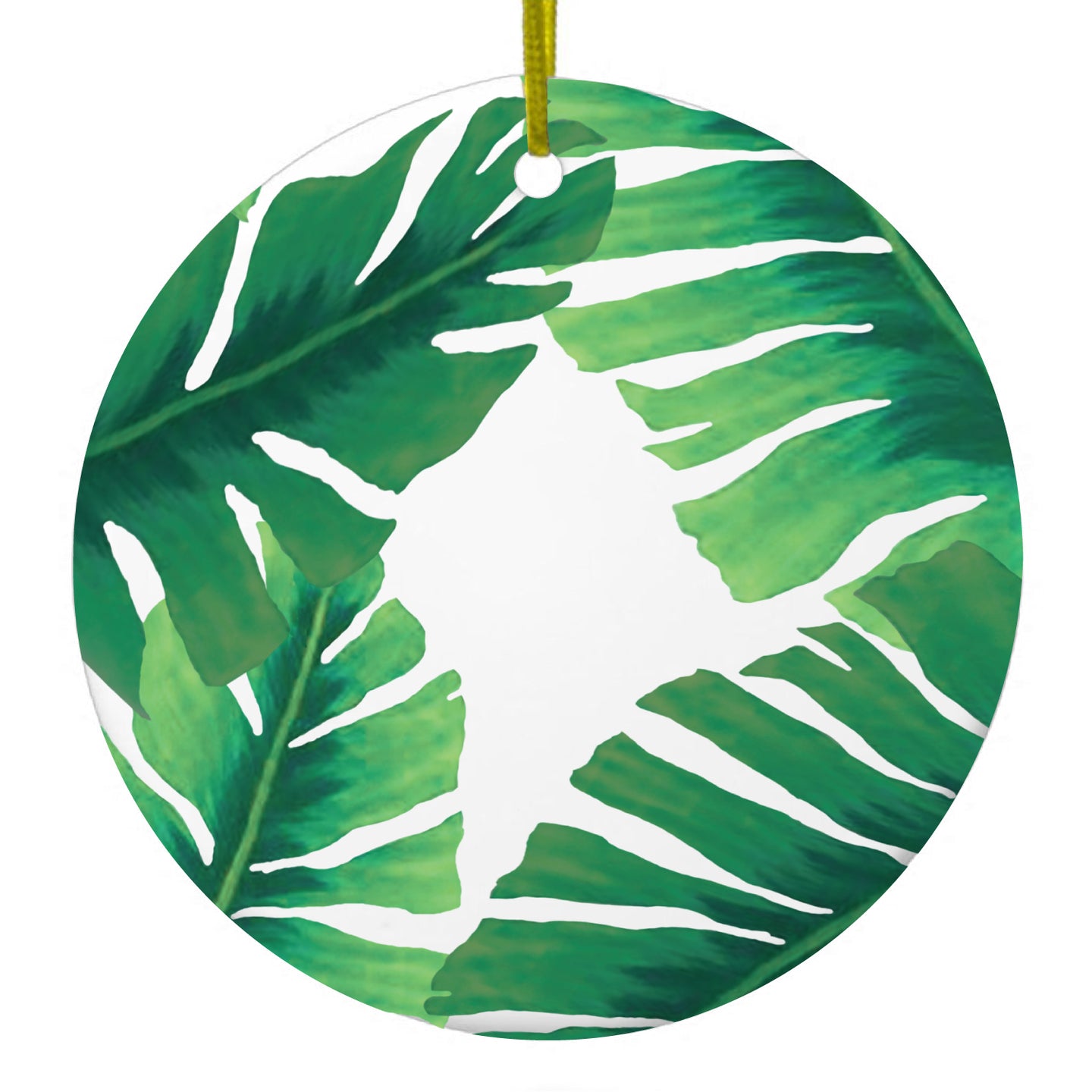 DistinctInk® Hanging Ceramic Christmas Tree Ornament with Gold String - Great Gift / Present - 2 3/4 inch Diameter - Tropical Banana Leaves