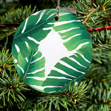 DistinctInk® Hanging Ceramic Christmas Tree Ornament with Gold String - Great Gift / Present - 2 3/4 inch Diameter - Tropical Banana Leaves