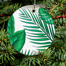 DistinctInk® Hanging Ceramic Christmas Tree Ornament with Gold String - Great Gift / Present - 2 3/4 inch Diameter - Green Tropical Leaves