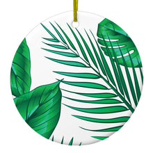 DistinctInk® Hanging Ceramic Christmas Tree Ornament with Gold String - Great Gift / Present - 2 3/4 inch Diameter - Green Tropical Leaves
