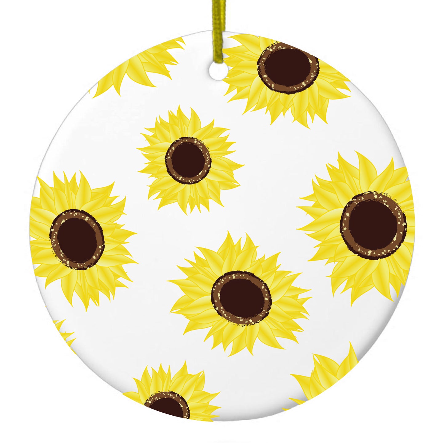 DistinctInk® Hanging Ceramic Christmas Tree Ornament with Gold String - Great Gift / Present - 2 3/4 inch Diameter - Yellow Sunflowers