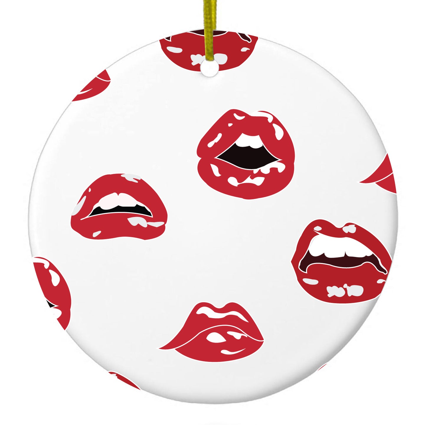 DistinctInk® Hanging Ceramic Christmas Tree Ornament with Gold String - Great Gift / Present - 2 3/4 inch Diameter - Red Lips