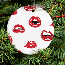 DistinctInk® Hanging Ceramic Christmas Tree Ornament with Gold String - Great Gift / Present - 2 3/4 inch Diameter - Red Lips