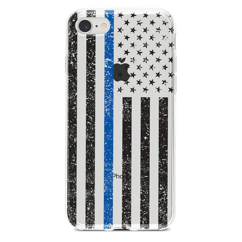 Weathered Thin Blue Line US Flag Clear Shockproof iPhone Case, view 5