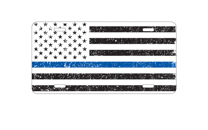 DistinctInk Custom Aluminum Decorative Vanity Front License Plate - Weathered Thin Blue Line US Flag
