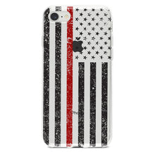 DistinctInk® Clear Shockproof Hybrid Case for Apple iPhone / Samsung Galaxy / Google Pixel - Weathered Thin Red Line US Flag