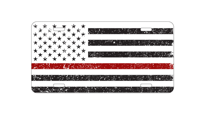 DistinctInk Custom Aluminum Decorative Vanity Front License Plate - Weathered Thin Red Line US Flag