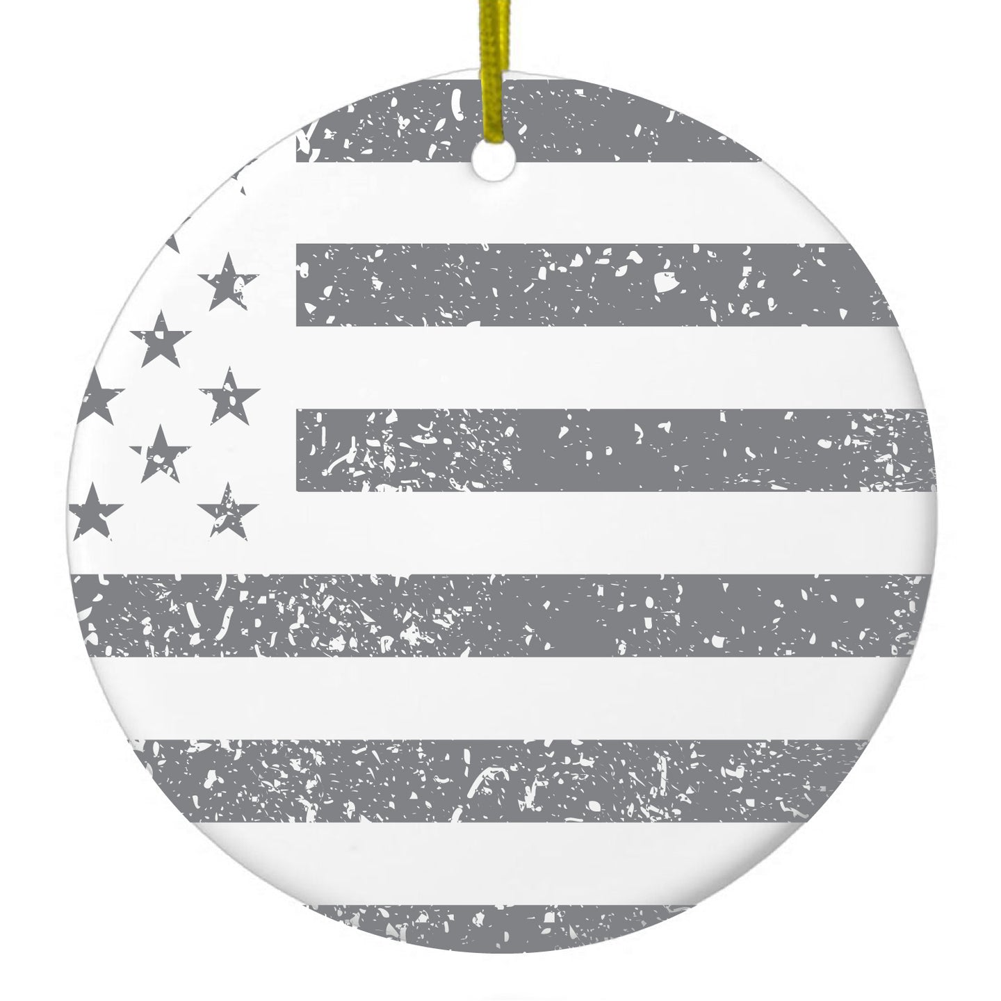 DistinctInk® Hanging Ceramic Christmas Tree Ornament with Gold String - Great Gift / Present - 2 3/4 inch Diameter - Weathered Gray US Flag