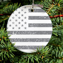 DistinctInk® Hanging Ceramic Christmas Tree Ornament with Gold String - Great Gift / Present - 2 3/4 inch Diameter - Weathered Gray US Flag
