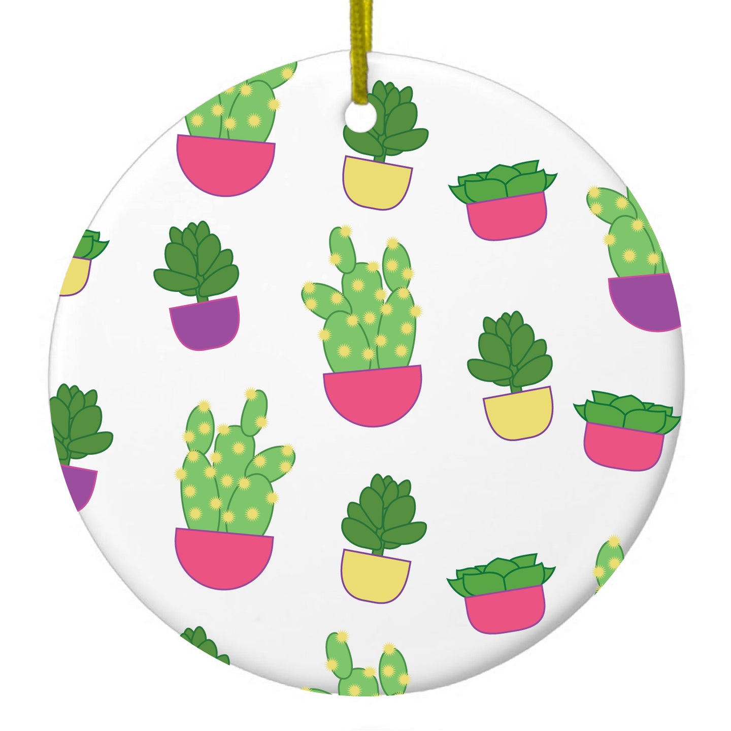 DistinctInk® Hanging Ceramic Christmas Tree Ornament with Gold String - Great Gift / Present - 2 3/4 inch Diameter - Succulents / Cacti