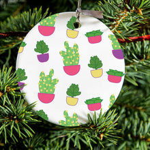 DistinctInk® Hanging Ceramic Christmas Tree Ornament with Gold String - Great Gift / Present - 2 3/4 inch Diameter - Succulents / Cacti