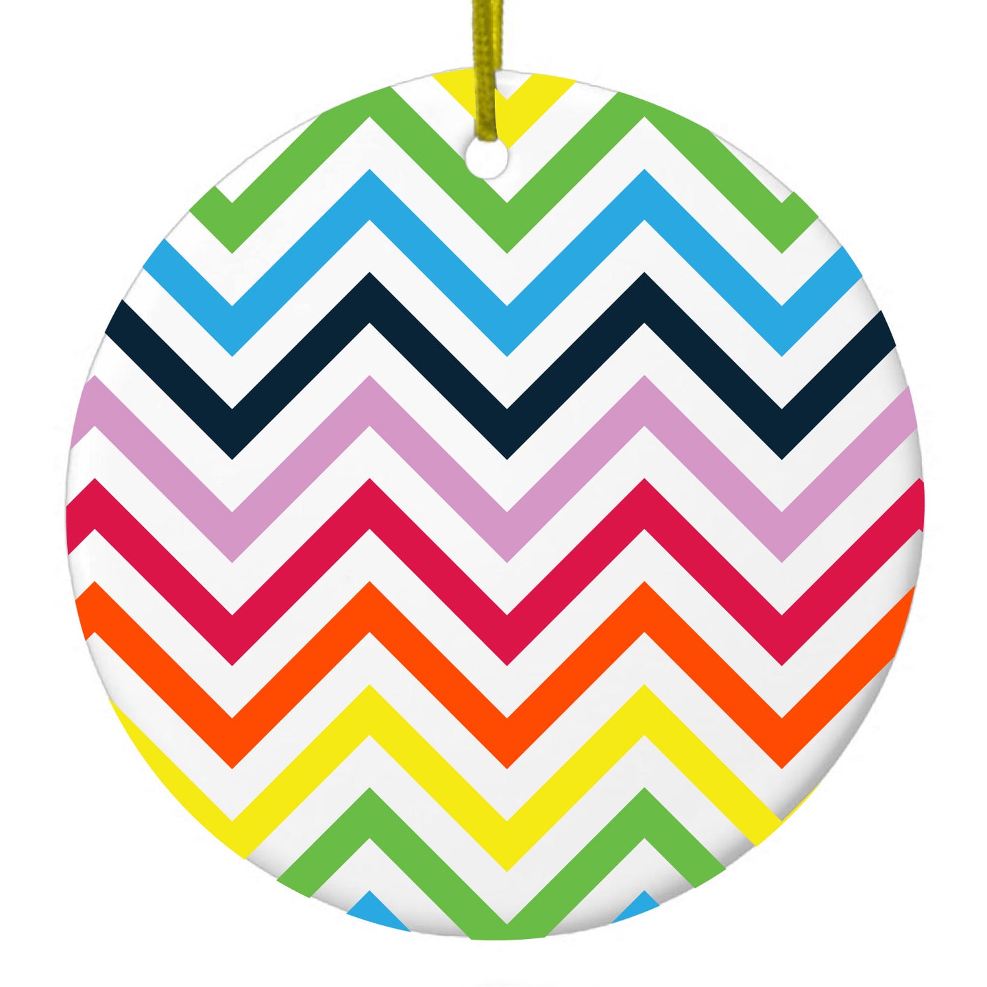 DistinctInk® Hanging Ceramic Christmas Tree Ornament with Gold String - Great Gift / Present - 2 3/4 inch Diameter - Rainbow Chevron