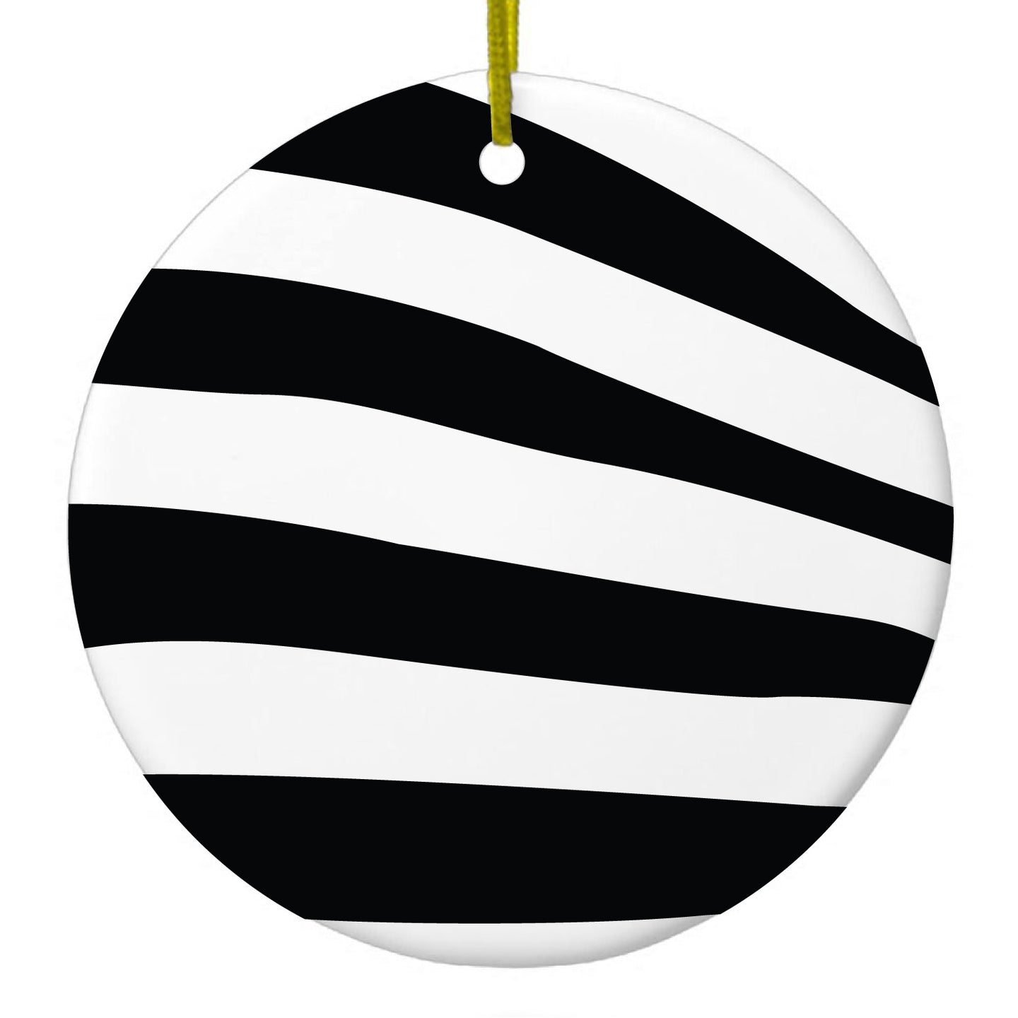 DistinctInk® Hanging Ceramic Christmas Tree Ornament with Gold String - Great Gift / Present - 2 3/4 inch Diameter - Black & Clear Zebra Stripes