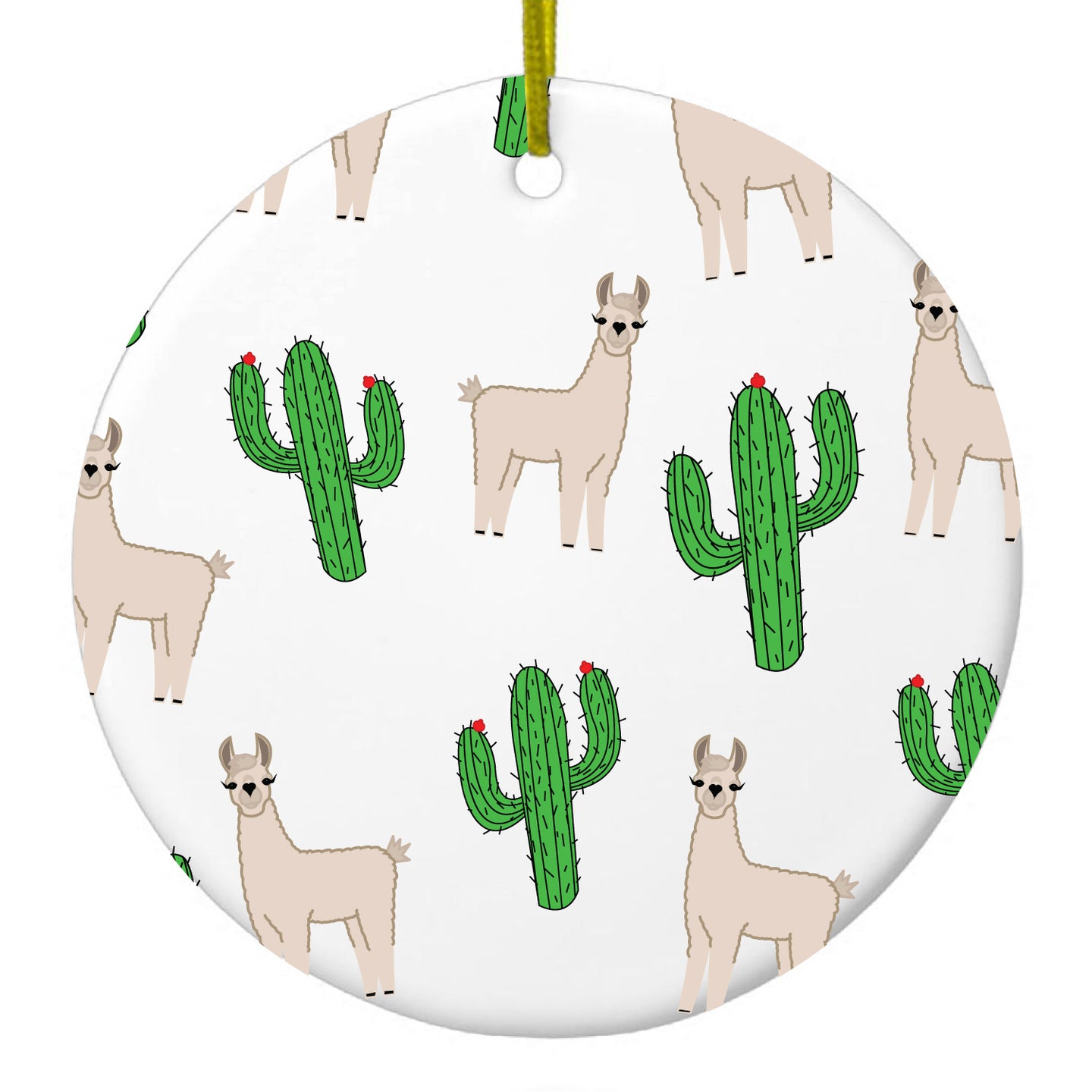 DistinctInk® Hanging Ceramic Christmas Tree Ornament with Gold String - Great Gift / Present - 2 3/4 inch Diameter - Llamas and Cacti Cactus