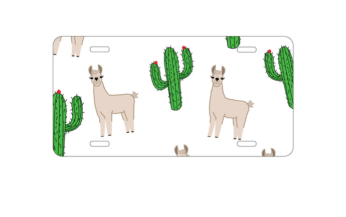 DistinctInk Custom Aluminum Decorative Vanity Front License Plate - Llamas and Cacti Cactus