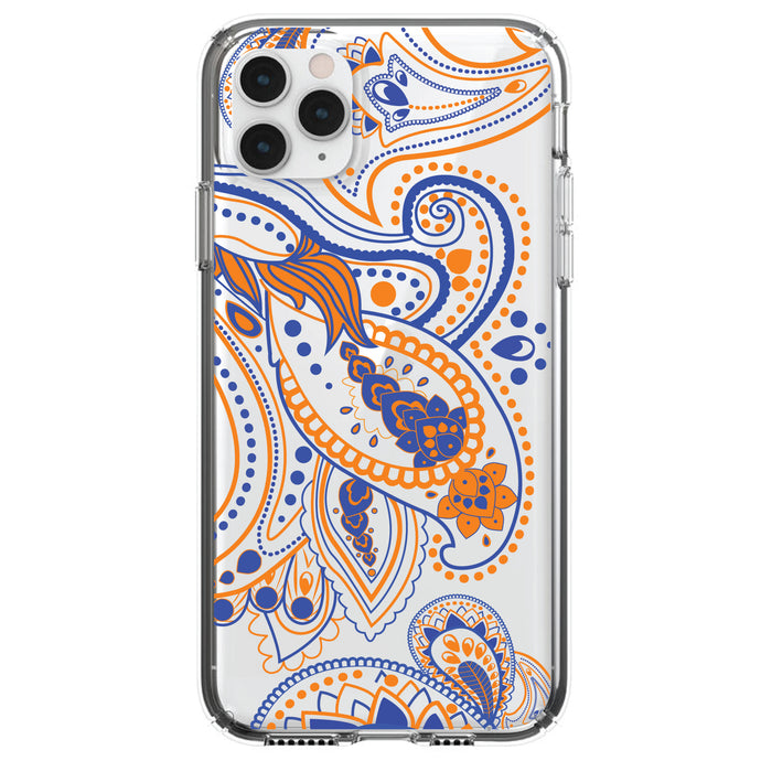 DistinctInk® Clear Shockproof Hybrid Case for Apple iPhone / Samsung Galaxy / Google Pixel - Orange and Blue Paisley