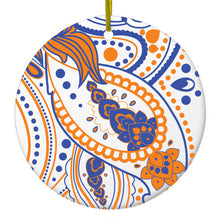 DistinctInk® Hanging Ceramic Christmas Tree Ornament with Gold String - Great Gift / Present - 2 3/4 inch Diameter - Orange and Blue Paisley