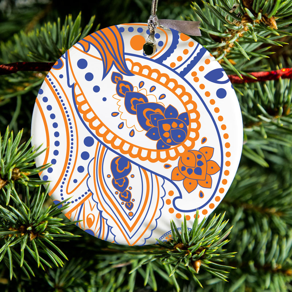 Orange and Blue Paisley Ceramic Ornament, view 2