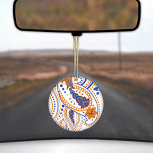 DistinctInk® Hanging Ceramic Christmas Tree Ornament with Gold String - Great Gift / Present - 2 3/4 inch Diameter - Orange and Blue Paisley