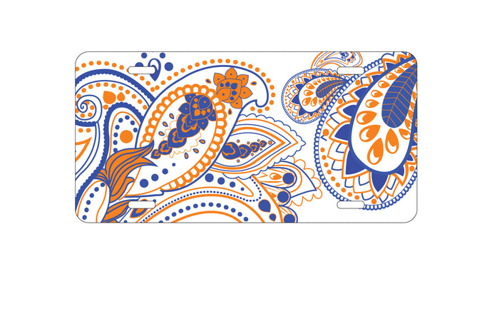 DistinctInk Custom Aluminum Decorative Vanity Front License Plate - Orange and Blue Paisley