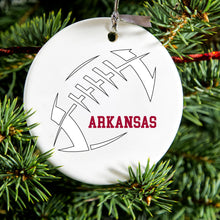 DistinctInk® Hanging Ceramic Christmas Tree Ornament with Gold String - Great Gift / Present - 2 3/4 inch Diameter - Arkansas Football - Cardinal, White