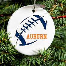 DistinctInk® Hanging Ceramic Christmas Tree Ornament with Gold String - Great Gift / Present - 2 3/4 inch Diameter - Auburn Football - Orange, Blue