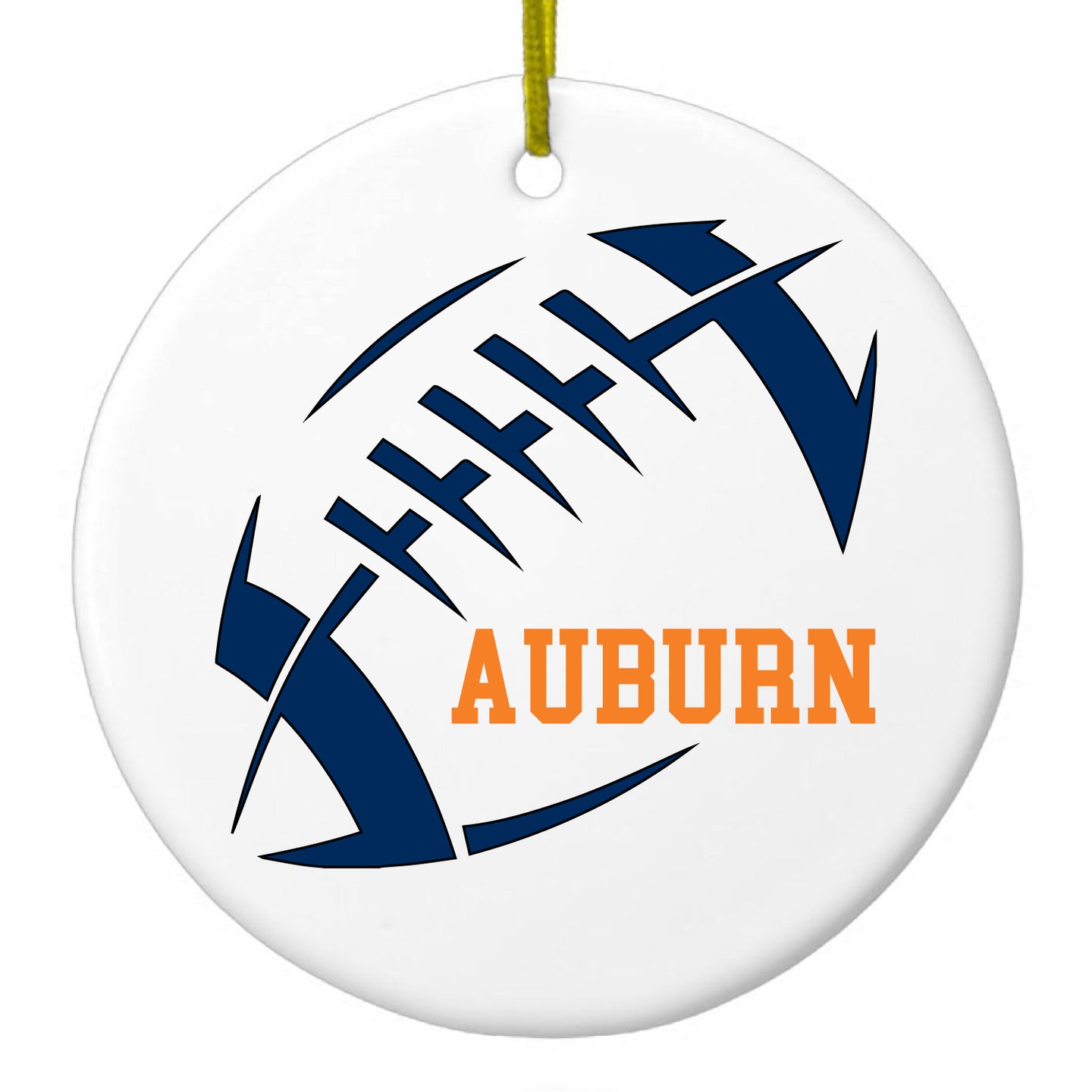 DistinctInk® Hanging Ceramic Christmas Tree Ornament with Gold String - Great Gift / Present - 2 3/4 inch Diameter - Auburn Football - Orange, Blue
